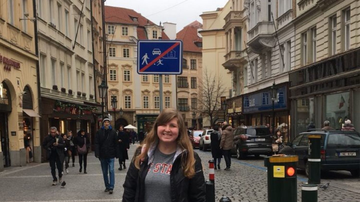 A student, Molly, in the streets of Prague