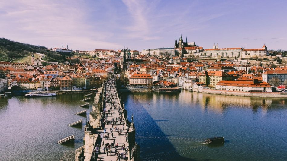 A view of Prague overlooking the Charles bridge.