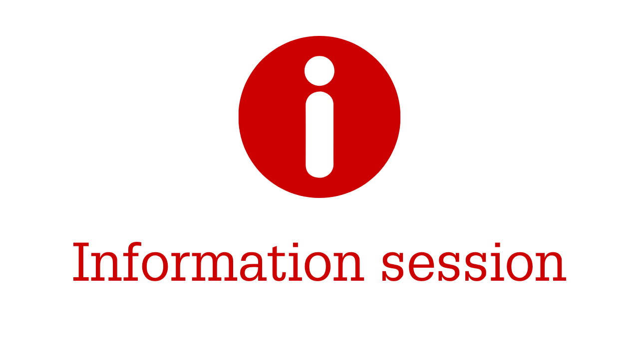 Red circle with letter I and information session title