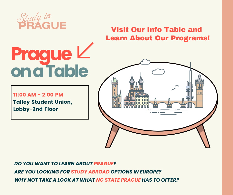 Graphic announcing a tabling event to promote NC State Prague programs.